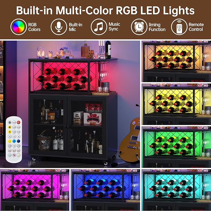 Wine Bar Cabinet with Wheels, 4-Tier Bar Cart with Power Outlets and LED Light, Liquor Cabinet Home Mini Bar with Wine Rack, Coffee Bar Cabinet for Liquor, Black-Ruum Studio Home