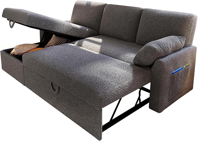 VanAcc Sofa Bed, Sleeper Sofa with Storage Chaise- 2 in 1 Pull Out Couch Living Room, Comfy Sleeper Couch, Grey Boucle-Ruum Studio Home