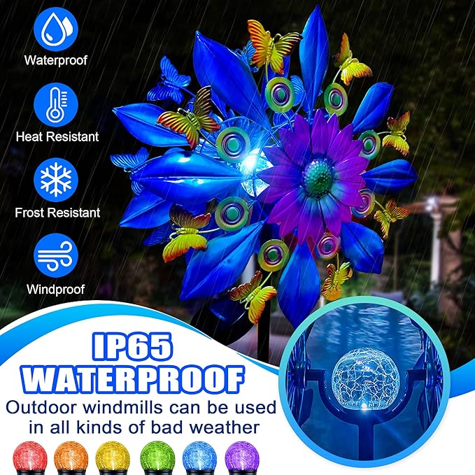 60 Inch Solar Wind Spinner Outdoor - Double-Sided Rotating Colorful Kinetic Wind Spinners for Garden, Yard Decorations Outdoor,Metal Wind Sculptures & Spinners, Wind Art-Ruum Studio Home