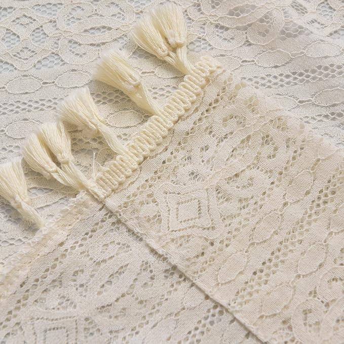 Sutuo Home Boho Sheer Curtain Valance Crochet Lace with Bohemian Hollow Knitted Handmade Tassels, Short Rustic Window Treatment for Kitchen Cafe, Rod Pocket, 1 Panel 59" W x 18" L, Beige-Ruum Studio Home