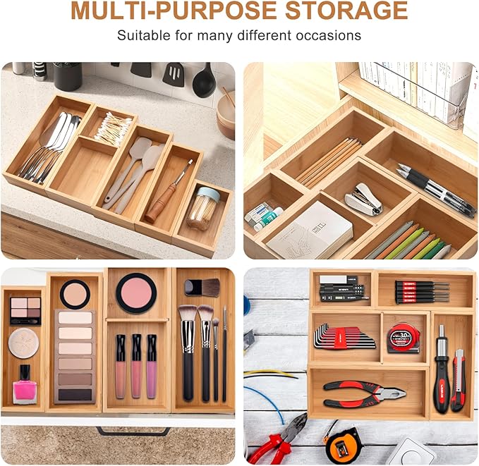 Bamboo Drawer Organizer 5 Pcs for Kitchen Multi-purpose Storage Dividers for Kitchen, Office, Jewelry, Cosmetics, Wooden Drawer Dividers for Drawer Organizer Desk Organizer Gift for Women Gifts Idea-Ruum Studio Home