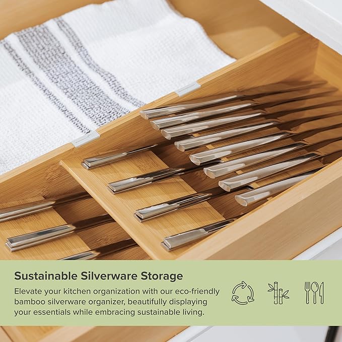 Premium Cutlery, Flatware, and Silverware Drawer Organizer – Slanted 3-Compartment Design with Labeled Slots, Non-Slip Feet, 100% Sustainable Bamboo-Ruum Studio Home