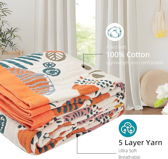 Boho Throw Blanket for Bed - 100% Pure Cotton Ultra Soft Rustic Quilt - Farmhouse Decor Bed Blankets, All Season Rustic Throw for Sofa Couch Chair(91''x 98'', Floral Print 2)-Ruum Studio Home