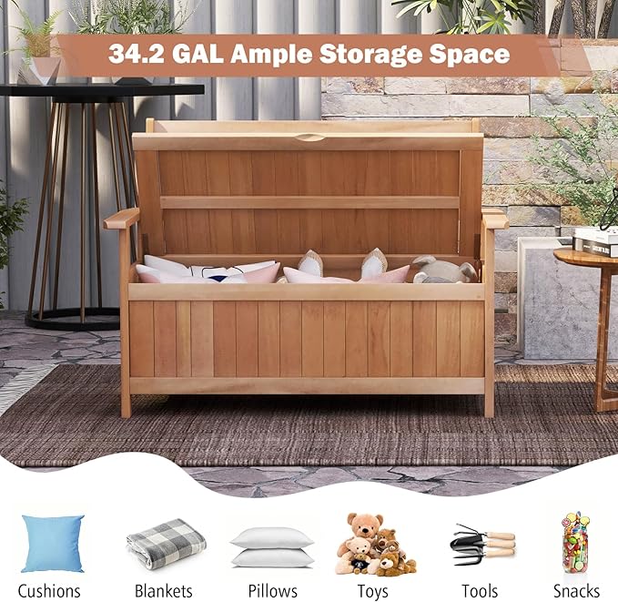 Tangkula 48 Inch Outdoor Wood Storage Bench Deck Box, Wooden Storage Loveseat with 34.2 Gal Inner Space, Entryway Bench Deck Box with Slatted Backrest, Storage Seat for Garden, Lawn, Balcony & Porch-Ruum Studio Home