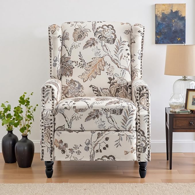 UIXE Pushback Recliner Chair, Fabric Upholstered Armchair Push Back Accent Chair for Living Room, Rivet Trim Home Theater Single Sofa Bedroom Reading Seat with Footrest - Beige Plants-Ruum Studio Home