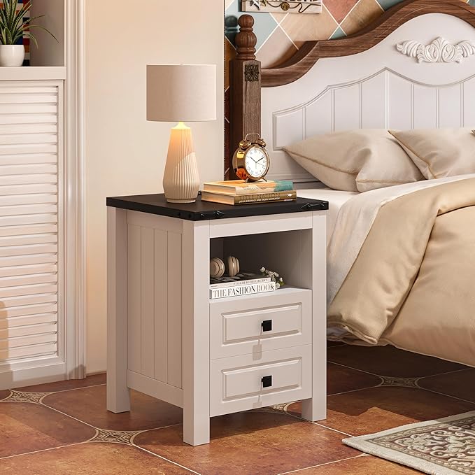 Apicizon End Table Set of 2, Farmhouse End Tables with Charging Station, Nightstand with Drawers and Storage Cabinet, Small Coffee Table for Small Spaces, Sofa Side Table for Living Room, Bedroom-Ruum Studio Home