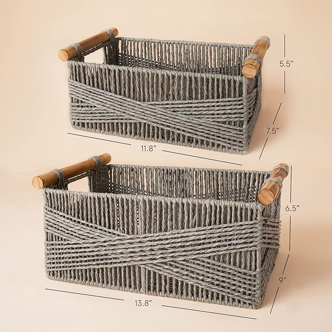 LA JOLIE MUSE Wicker Storage Baskets for Organizing, Recyclable Paper Rope Basket with Wood Handles, Decorative Hand Woven Basket Organizers for Makeup Books Shelves Living Room, Grey, Set of 2-Ruum Studio Home