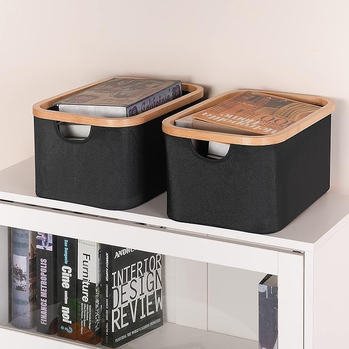 efluky Storage Baskets for Organizing, Fabric Storage Bins with Bamboo Handles, Collapsible Storage Baskets for Shelves and Closet, Black Set of 2-Ruum Studio Home