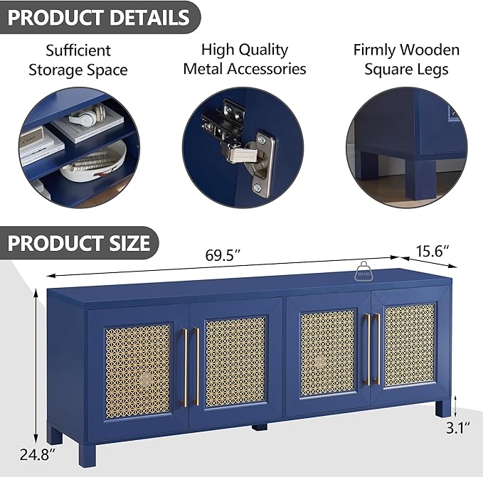 JYED Mid Century Modern TV Stand for TVs up to 75", 69.5" W Blue Entertainment Center with 4 Gold Metal Mesh Doors - Wood Grain MDF TV Console, Media Storage-Ruum Studio Home