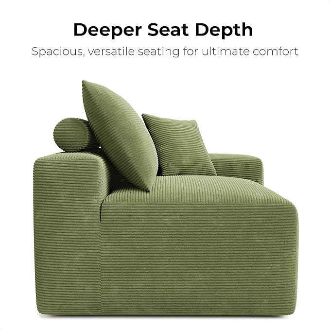 LIKIMIO 120" Modern L-Shaped Modular Sectional Sofa for Living Room, Corduroy Upholstery Green, Oversized 3-Seater Couch with Deep Seat and Movable Ottoman – No Assembly-Ruum Studio Home