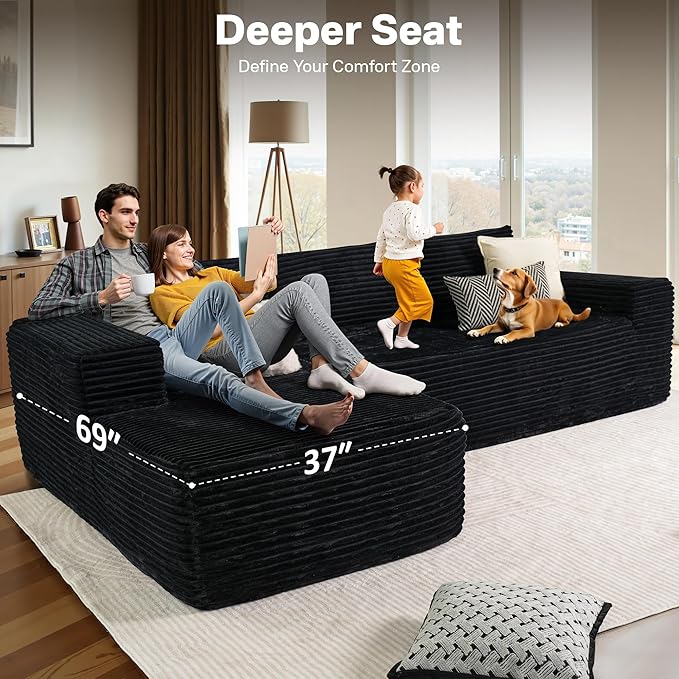104" Cloudy Sectional L Shaped Couch for Living Room, No Assembly Required, Modular Comfy Sofa with Deep Seat, Fluffy Couch with Sleeper Chaise for Apartment Lounge (Black)-Ruum Studio Home