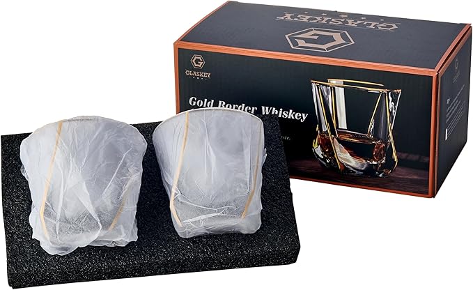Crystal Whiskey Glasses Set of 2 with 24K Gold Rim,Bar Glasses,Twisted Whiskey Glass Gold Collection for Bourbon,Scotch and Wine,Rock Barware for Men Gift - 8oz-Ruum Studio Home