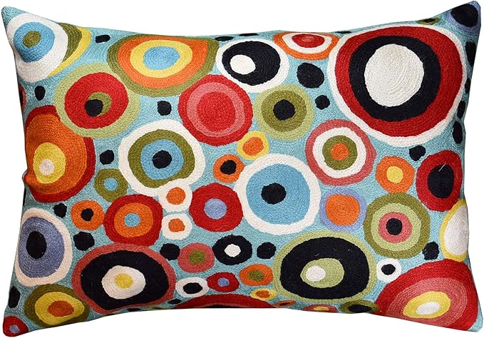 Lumbar Polka Dots Pillow Cover Turquoise Contemporary Decorative Pillowcase Blue Modern Outdoor Chair Cushion Couch Boho Cushions Hand Embroidered Cushions Wool Size - 14x20-Ruum Studio Home