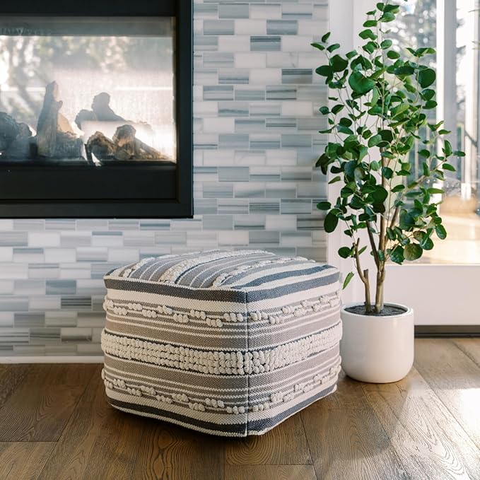 Pouf Ottoman, Square Hand Woven Loop and Striped Ottoman Pouf for Living Room or Bedroom, Floor Chair, Foot Rest or Decorative Home Decor-Ruum Studio Home