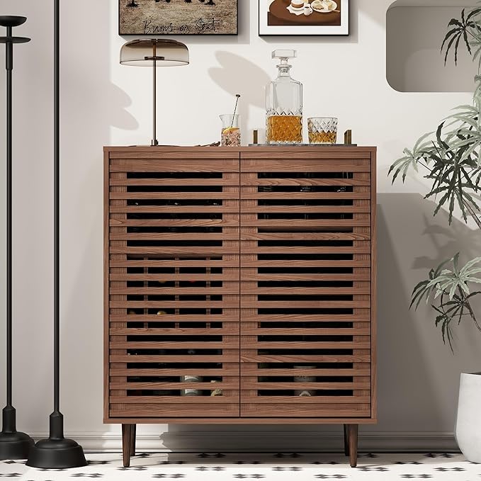 Mid Century Bar Cabinet with Wine Racks, Modern Liquor Cabinet with Slatted Doors for Dining Room, Living Room (Walnut Color)-Ruum Studio Home