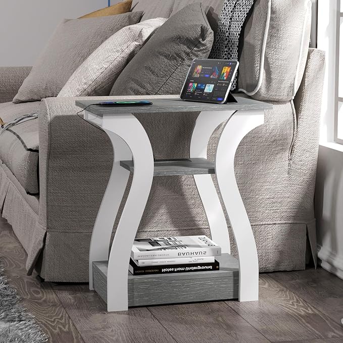 End Tables Living Room Set of 2,Grey End Table with Charging Station,Grey Side Table, Nightstand for Bedroom, 3 Tier End Table with Storage Shelf for Living Room-Ruum Studio Home