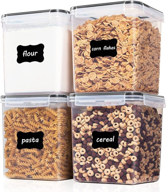Vtopmart Food Storage Containers 4.3L / 145.4oz, 4 Pieces BPA Free Plastic Airtight Canister for Flour, Sugar, Baking Supplies, with 4 Measuring Cups and 24 Labels, Black-Ruum Studio Home