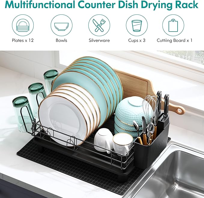 Black Stainless Steel Dish Drainers Drying Rack for Kitchen Counter with Drainboard Set, Rust Proof Metal, Space Saving, Modern Aesthetic, Compact Plates Strainers with Extra Mat-Ruum Studio Home
