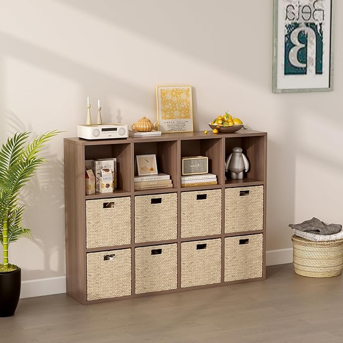 12-Cube Storage Shelf Bookcase - Wooden 3-Tier Floor Standing Open Bookshelf for Home and Office, Cuby Orgainzer, Walnut-Ruum Studio Home