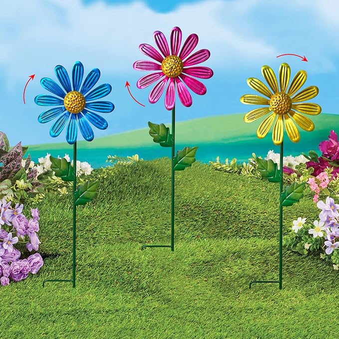 WAIU Metal Daisy Garden Stakes, Wind Catcher Spinner Garden Stakes, Garden Windmill Stakes Outdoor Wind Catchers, Yard Decor Stakes, Set of 3…-Ruum Studio Home