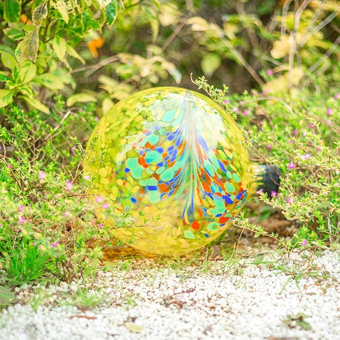 VCUTEKA Gazing Ball, Glass Gazing Balls Sphere for Garden Lawn Outdoor Ornament Yard Decorative, Yellow Swirl, 10"-Ruum Studio Home