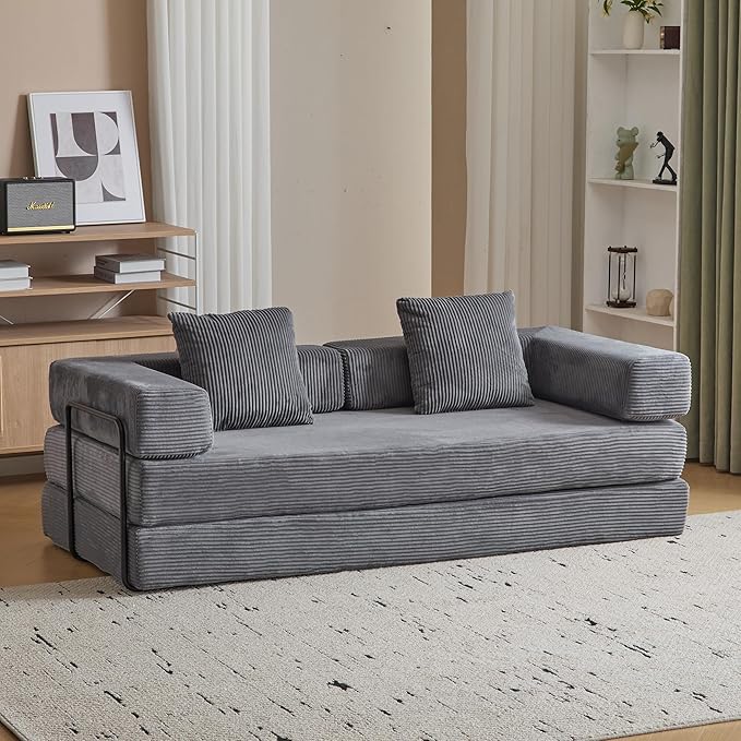 Convertible Sleeper Sofa Bed, Compression Folding Sofa with Pillow, No Assembly Required, Shape Frame, Floor Sofas Lounge Couch for Living Room, Bedroom, Small Spaces(Corduroy, 77''W, Dark Grey)-Ruum Studio Home
