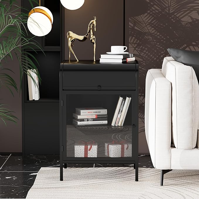 Modern Metal Side Tables Set of 2, End Tables with Glass Door, 2-Tier Nightstands with Storage Shelves, Accent Table, Slim Sofa Table for Living Room, Bedroom (Black)-Ruum Studio Home