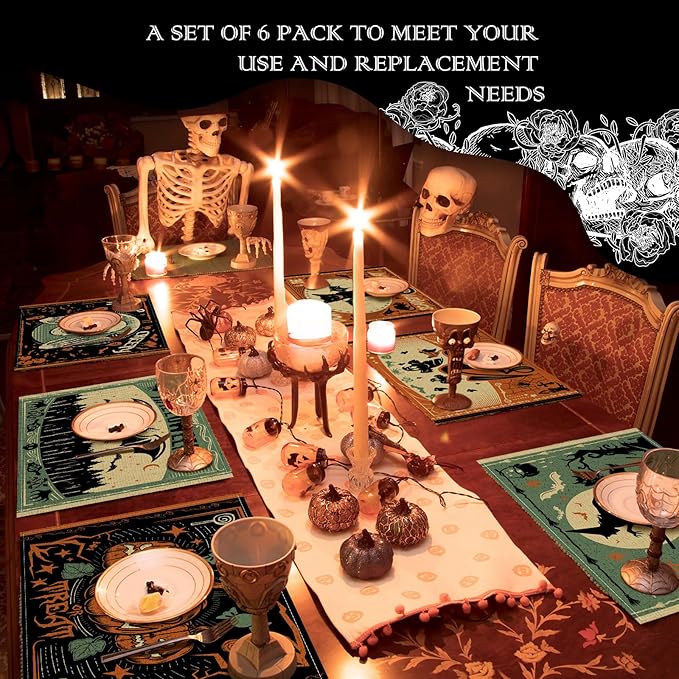 Umigy 6 Pcs Halloween Placemats 12"x18" Gothic Bat Placemats Kitchen Decoration Washable Witch Place Mats Rectangle Skull Table Mats for Halloween Dining Table Accessories(Scary)-Ruum Studio Home