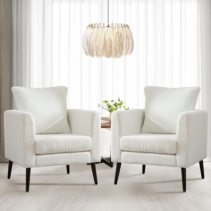 Barrel Accent Chair Set of 2 with Back Pillow, Large Teddy Upholstered Armchair with Solid Wood Legs Modern Reading Chairs for Living Room Bedroom-Ruum Studio Home