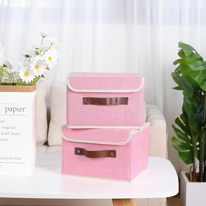 ANMINY 2PCS Storage Bins with Lid PU Leather Handles Storage Boxes PP Plastic Board Decorative Foldable Lidded Cotton Linen Fabric Home Cubes Baskets Closet Organizer Containers - Pink, Small Size-Ruum Studio Home