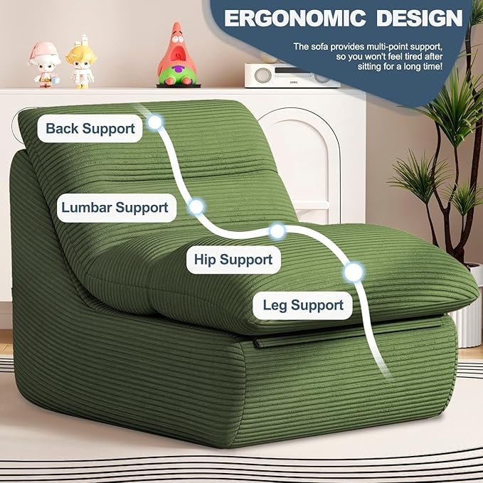 Misolant Bean Bag Chairs，Big Corduroy Fabric Sofa Bean Bag Chair for Adults and Teens with High-Resilience Sponge, Non-Slip Base Floor Lounge Sofa for Home, Living Room, Bedroom, Gaming Green-Ruum Studio Home