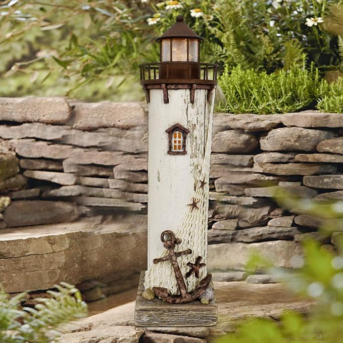 Linfevisi Wood Lighthouse Decor Rustic LED Light House Decor Wooden Decorative Nautical Lighthouse Statue Coastal Beach Themed Lighthouse Handcrafted Tabletop Decoration Home Bathroom (14.75")-Ruum Studio Home