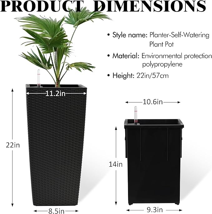 2Pcs 23in High Large Plant Pots Planter-Self-Watering,Modern Planter with Drain Holes,Water Level Monitor,Inner Bucket for Indoor/Outdoor Front Porch Patio,Black Rattan-Ruum Studio Home