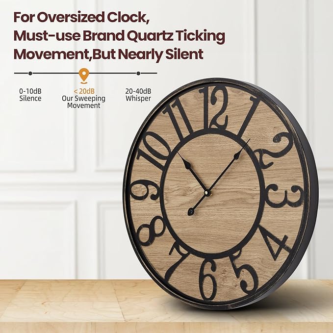 Large Wall Clock for Living Room Decor, Non Ticking Silent, Battery Operated Modern Vintage Wood Oversized Decorative Wall Clock for Bedroom Kitchen Farmhouse Office Decor-Ruum Studio Home