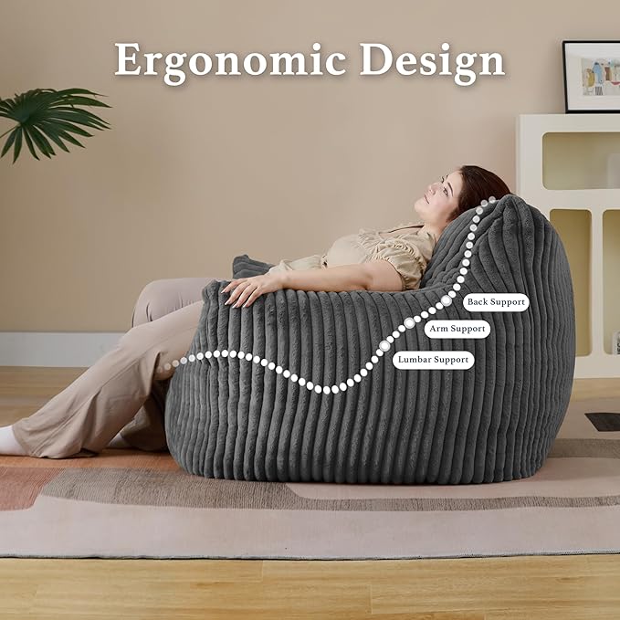 Giant Plush Bean Bag Chair for Adults with Armrests - Oversized Comfy Grey Beanbag Lounge Lazy Floor Sofa Accent Chair for Living Room, Bedroom & Dorm, Cozy Fluffy Single Cloud Mini Couch-Ruum Studio Home
