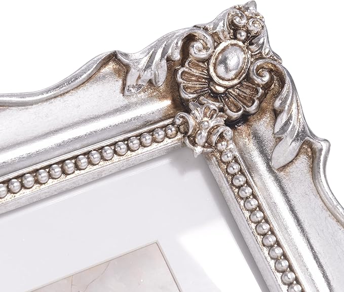 8x10 Vintage Picture Frame with Embossed Flower Design, Silver Ornate Frame for 8x10 or 5x7 Pictures with White Mat, Hand-Crafted Resin Antique Frames for Tabletop & Wall Hanging, Home Decor (Silver)-Ruum Studio Home