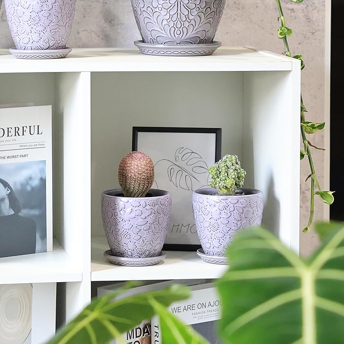 4 Inch Retro Ceramic Planter Set of 4 with Drainage Hole and Saucer for Plants, Indoor-Outdoor Small Garden Pots for Succulent, Herb and Flower (Fits Inner Pots Up to 3 Inch, Retro Purple)-Ruum Studio Home