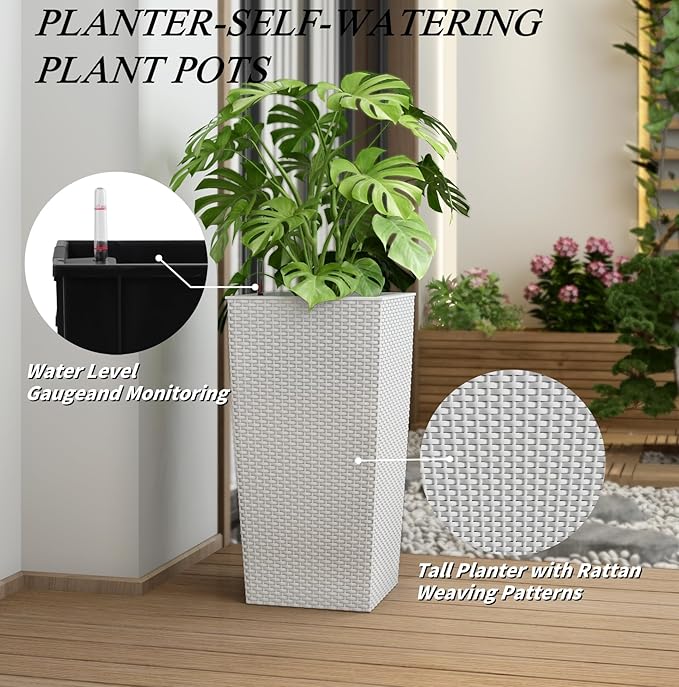 2Pcs 23in High Large Plant Pots Planter-Self-Watering,Modern Planter with Drain Holes,Water Level Monitor,Inner Bucket for Indoor/Outdoor Front Porch Patio,White Rattan-Ruum Studio Home
