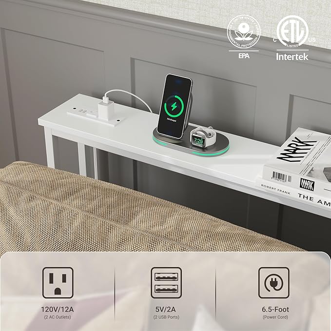 ELYKEN 2 Pack 5.9" Narrow Console Sofa Table with Power Outlets, 5.9" Dx39.4 Wx31.1 H Long Couch Table with Metal Frame and Charge Station with 6.5’ Extension Cord, White-Ruum Studio Home