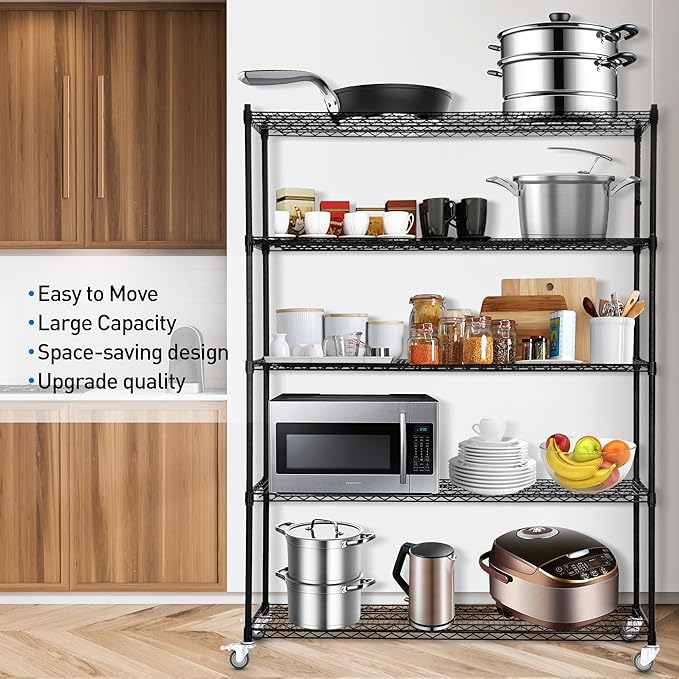5 Tier Wire Shelf Shelving Unit, 60"x 24"x82" Metal Storage Shelves, Heavy Duty Garage Storage Shelves with Wheels, Chrome 3000LBS Capacity Wire Shelf Rack for Restaurant, Garage, Pantry, Kitchen-Ruum Studio Home
