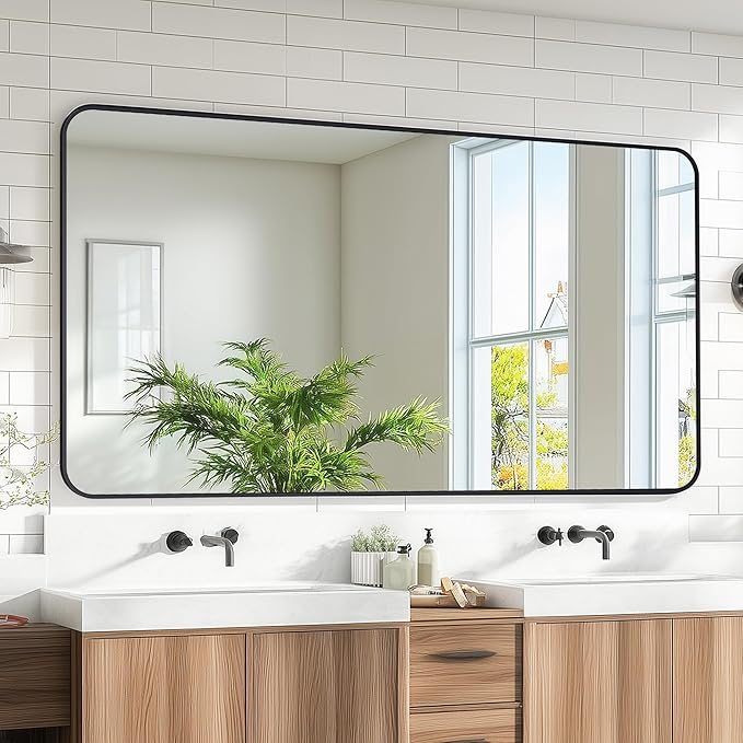 Bathroom Mirror 55" x 30", Large Rectangle Wall Mirror, Black Metal Frame Wall Mounted Mirrors for Bathroom, Vanity, Bedroom, Entryway Decor(Horizontal/Vertical)-Ruum Studio Home