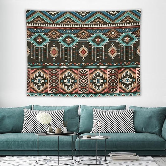 HZOHNAGO Aztec Tapestry Turquoise Blue and Brown and Native American Tribal Pattern Printed Wall Tapestry Wall Hanging for Bedroom Living Room Dorm 80" W x 60" H-Ruum Studio Home