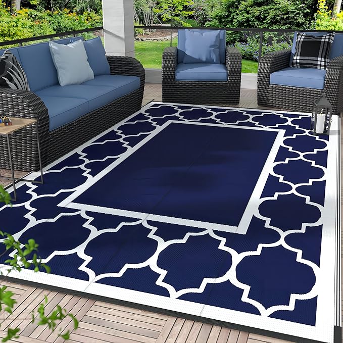 GENIMO 3' x 5' Outdoor Rug Waterproof for Patio Decor, Foldable Reversible Plastic Straw Area Rugs Mat for Camper, Outside Carpet for Rv, Deck, Porch, Picnic, Beach, Balcony, Blue & White-Ruum Studio Home