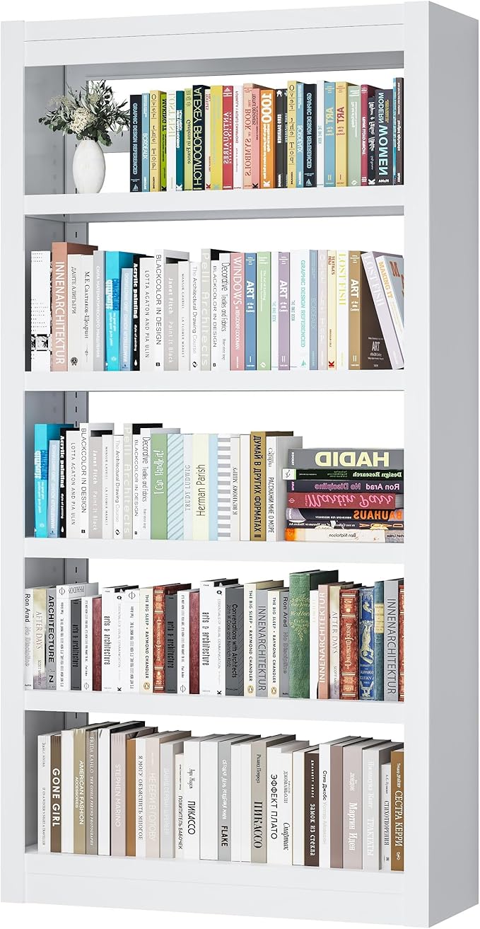 Metal Bookshelf Adjustable - 61" Tall White Bookcase, 5 Tier Book Shelf, Tooless Assembly Book Case, Modern Bookshelves and Bookcases for Home Office, Living Room, Bedroom, Study, Library-Ruum Studio Home