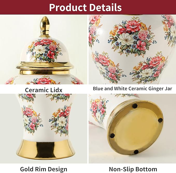 Ginger Jars for Home Decor, White Gold Ceramic Vase with Colorful Floral Pattern, Handmade Decorative Flower Vase with Lid for Home, Kitchen, Office, Table, Bookshelf, Mantle Fireplace,(18in)-Ruum Studio Home