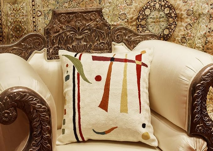 Kandinsky Contemporary Throw Pillow Cover - Cream | Modern Pillow Cases | Abstract Throw Pillows | Modern Boho Pillow | Abstract Chair Cushions | Hand Embroidered Cushion | Wool Size 18x18-Ruum Studio Home
