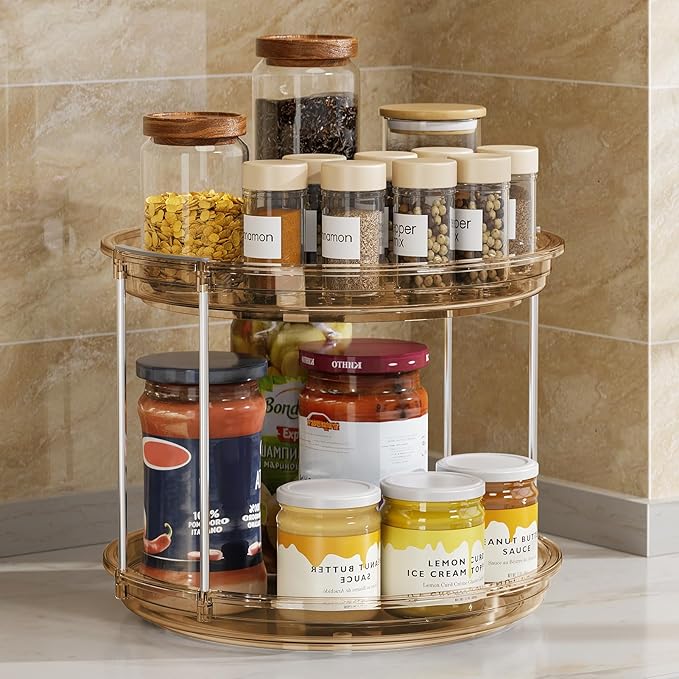 LAMU 2 Pack 2 Tier Lazy Susan Turntable Organizer 9.25'' Rotating Spice Rack Organization for Cabinet, Kitchen, Pantry, Countertop, Bathroom, Vanity, Medicine Cabinet Organizer, Amber-Ruum Studio Home