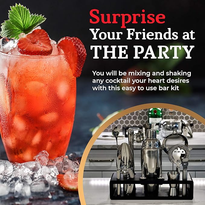Highball & Chaser 13-Piece Cobbler Cocktail Shaker Set Stainless Steel Mixology Bartender Kit With Stand For Home Bar Cocktail Set | Laser Engraved Cocktail Tools | Plus Ebook with 30 Cocktail Recipes-Ruum Studio Home