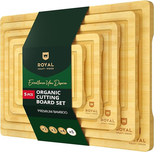 ROYAL CRAFT WOOD Wooden Serving Boards for Kitchen Meal Prep&Bamboo Wood Cutting Board Set with Deep Juice Groove Side Handles-Charcuterie & Chopping Butcher Block for Meat-Kitchen Gadgets Gift (5Pcs)-Ruum Studio Home