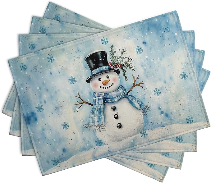 Blue Snowman Snowflake Winter Placemats Set of 4 Seasonal Christmas Linen Table Mats 12x18 Inch Xmas Holiday Snow Farmhouse Rustic Washable Place Mats for Party Kitchen Dining Outdoor Indoor Decor-Ruum Studio Home